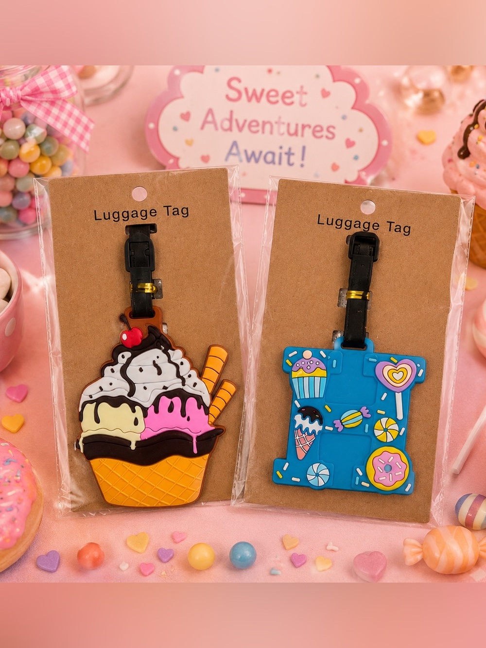 🍦🍬 Candy & Dessert Silicone Luggage Tag Set of 2 🍭✨